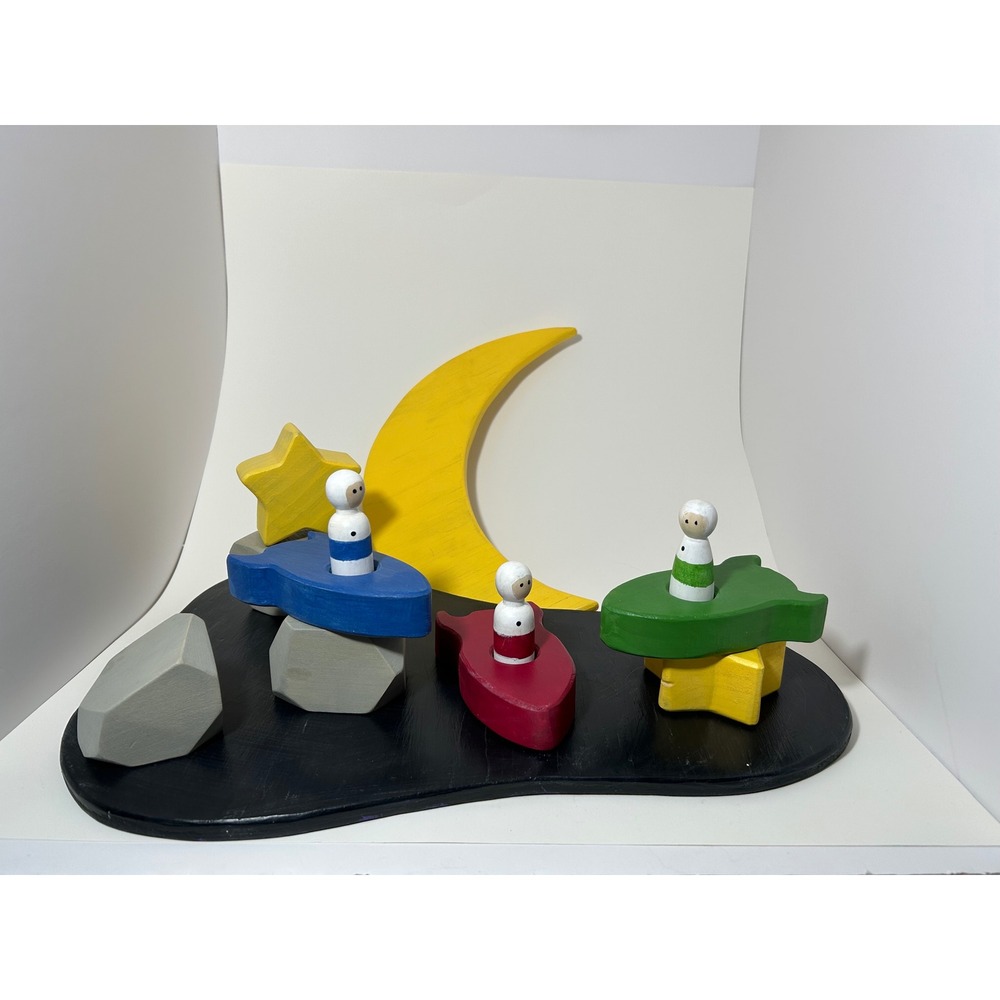 Handmade Wooden Space‎ Play Set Peg Doll Astronauts Rockets Moon Stars 11pc Set